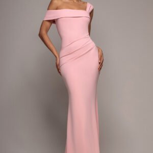 Goddiva Off The Shoulder Pleated Waist Maxi Dress - Blush Pink