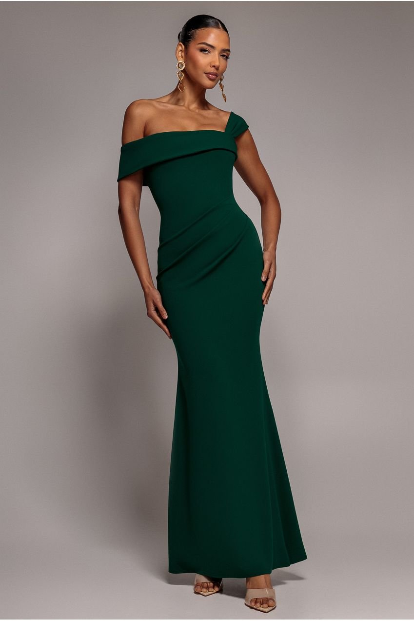 Goddiva Off The Shoulder Pleated Waist Maxi Dress – Emerald Green