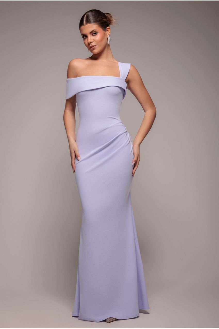 Goddiva Off The Shoulder Pleated Waist Maxi Dress – Lilac