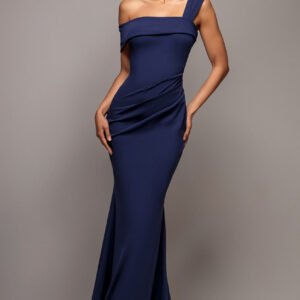 Goddiva Off The Shoulder Pleated Waist Maxi Dress - Navy