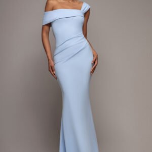 Goddiva Off The Shoulder Pleated Waist Maxi Dress - Powder Blue