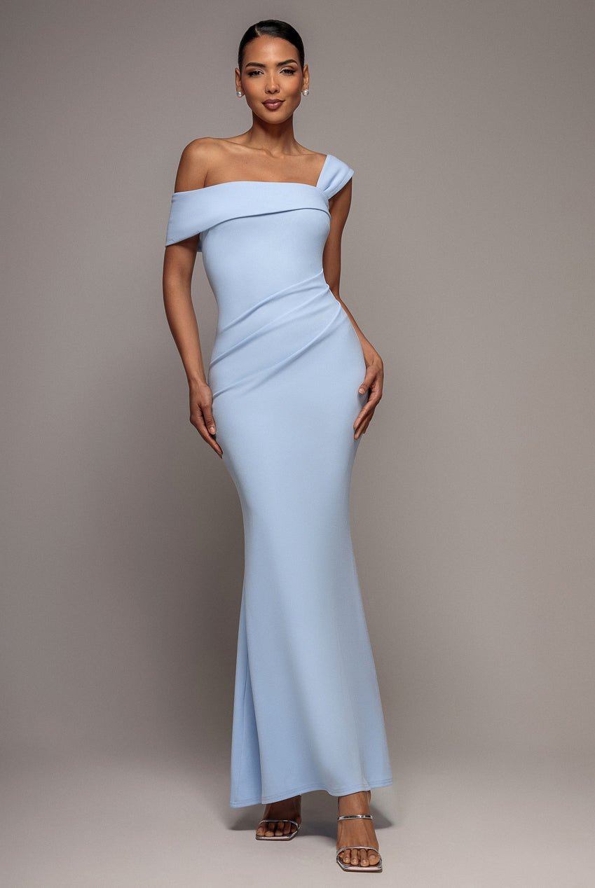 Goddiva Off The Shoulder Pleated Waist Maxi Dress – Powder Blue