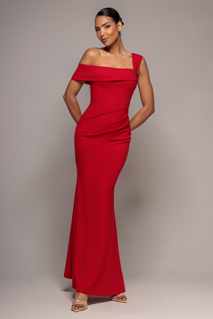 Goddiva Off The Shoulder Pleated Waist Maxi Dress – Red