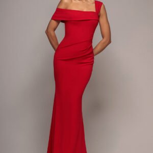 Goddiva Off The Shoulder Pleated Waist Maxi Dress - Red