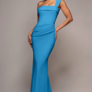 Goddiva Off The Shoulder Pleated Waist Maxi Dress - Teal Blue