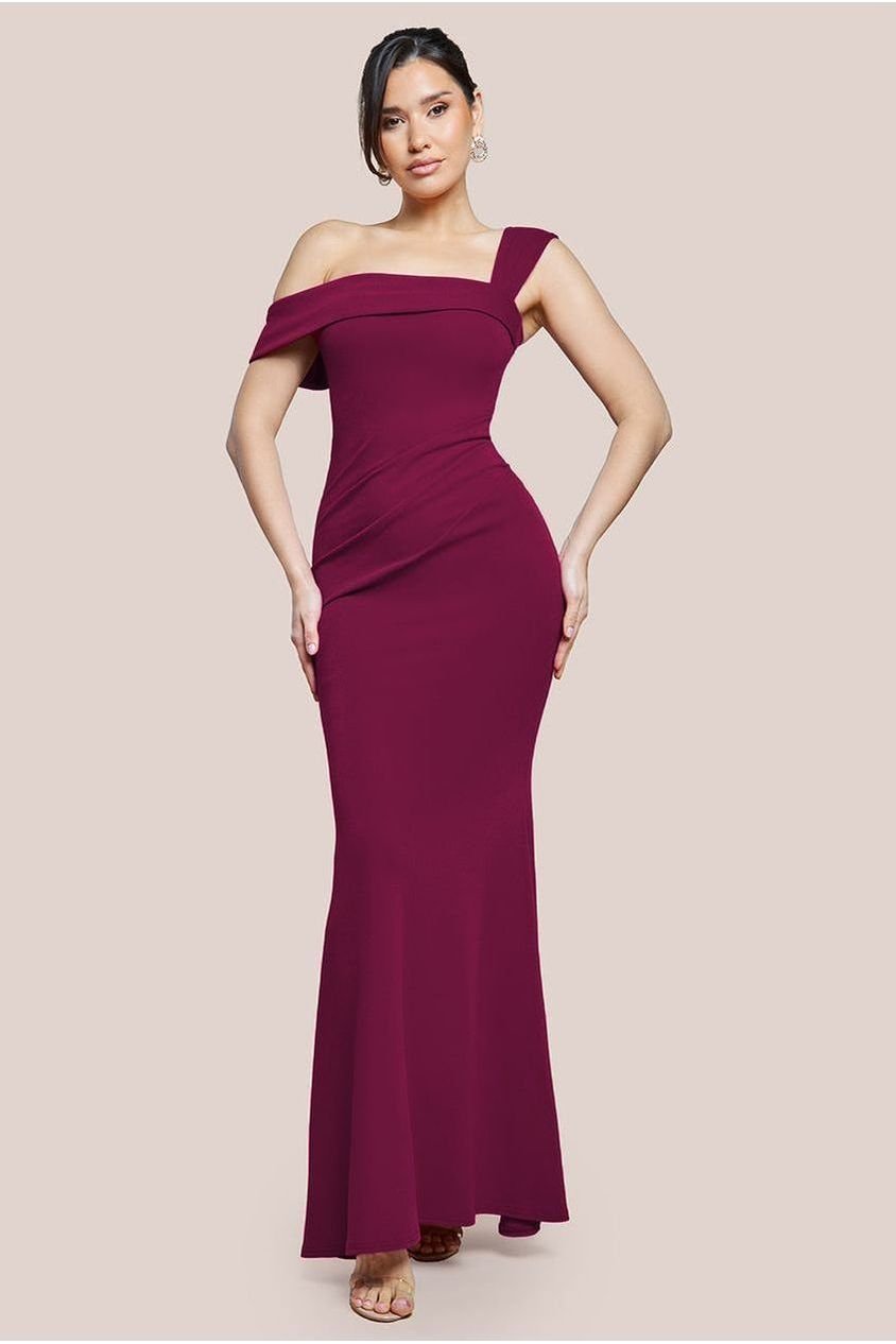 Goddiva Off The Shoulder Pleated Waist Maxi Dress – Berry