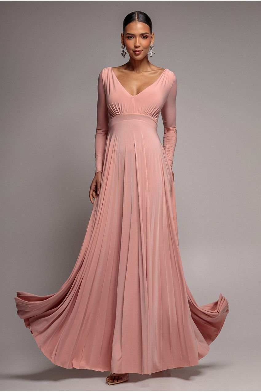 Goddiva Plunge Neck Long Sleeve A Line Maxi Dress – Blush Pink