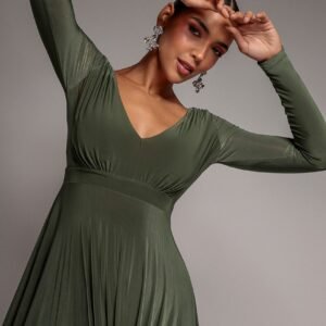 Goddiva Plunge Neck Long Sleeve A-line Maxi Dress - Olive Green