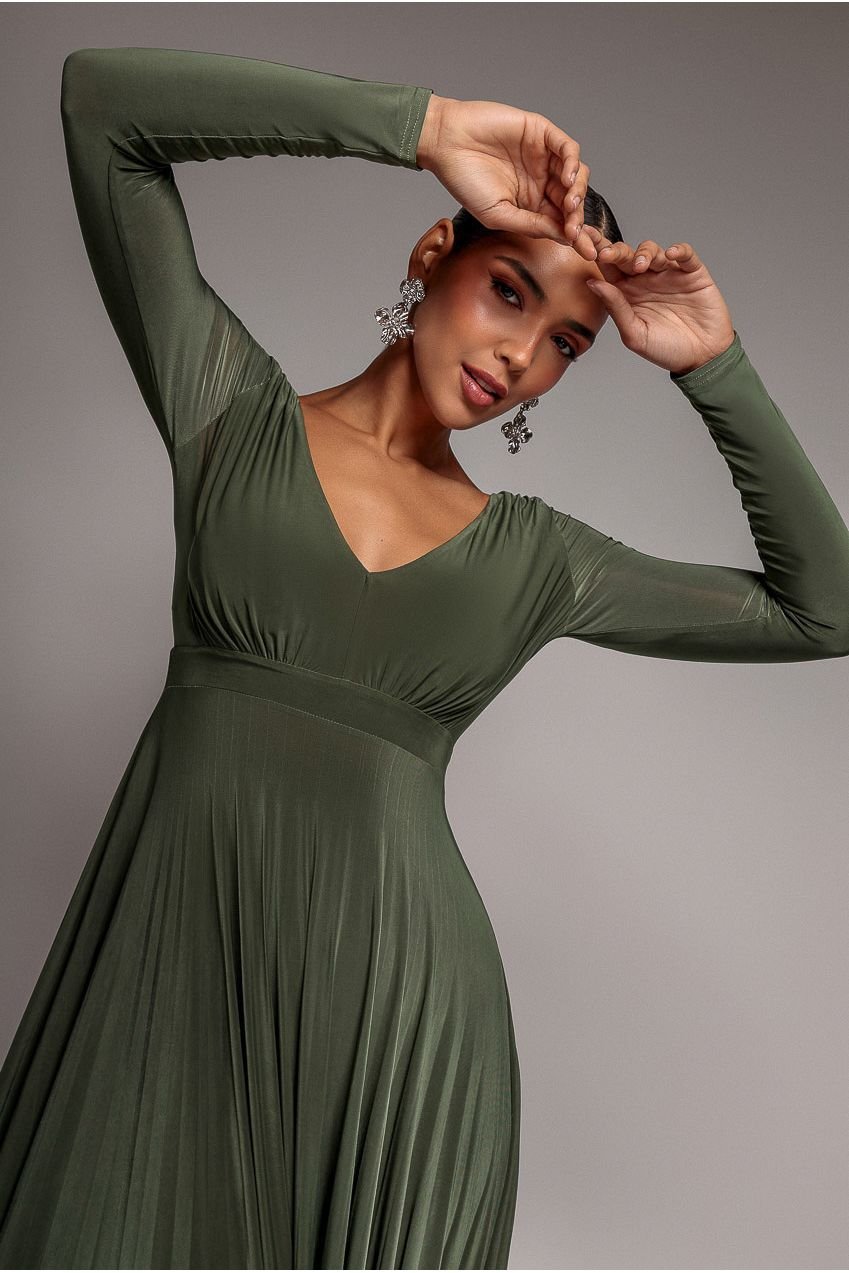 Goddiva Plunge Neck Long Sleeve A-line Maxi Dress – Olive Green