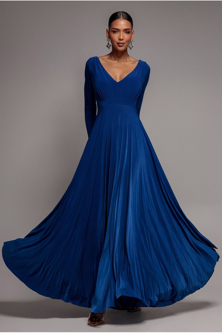 Goddiva Plunge Neck Long Sleeve A Line Maxi Dress – Royal Blue