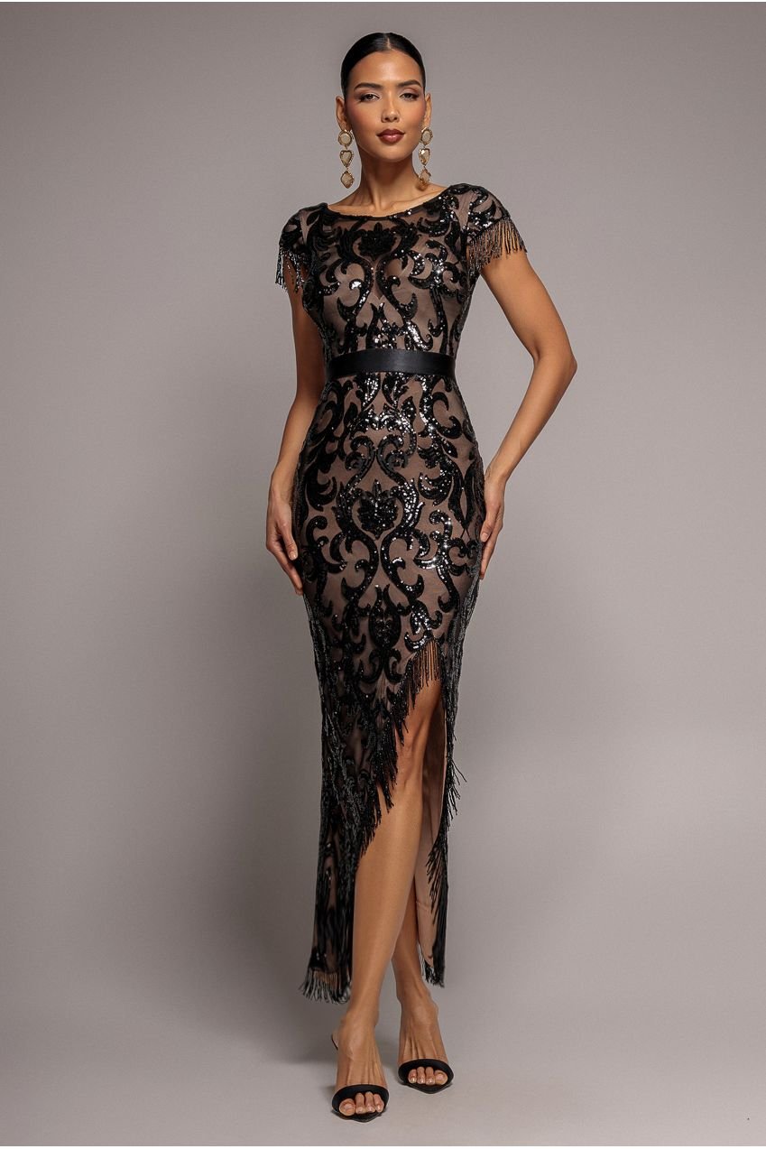 Goddiva Tassel Split Maxi Dress – Black