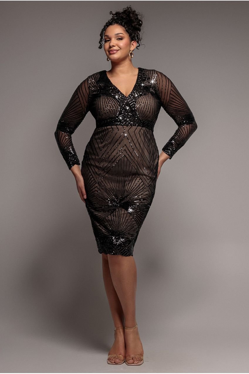 Goddiva Plus Scalloped Hem Starburst Midi Dress – Black