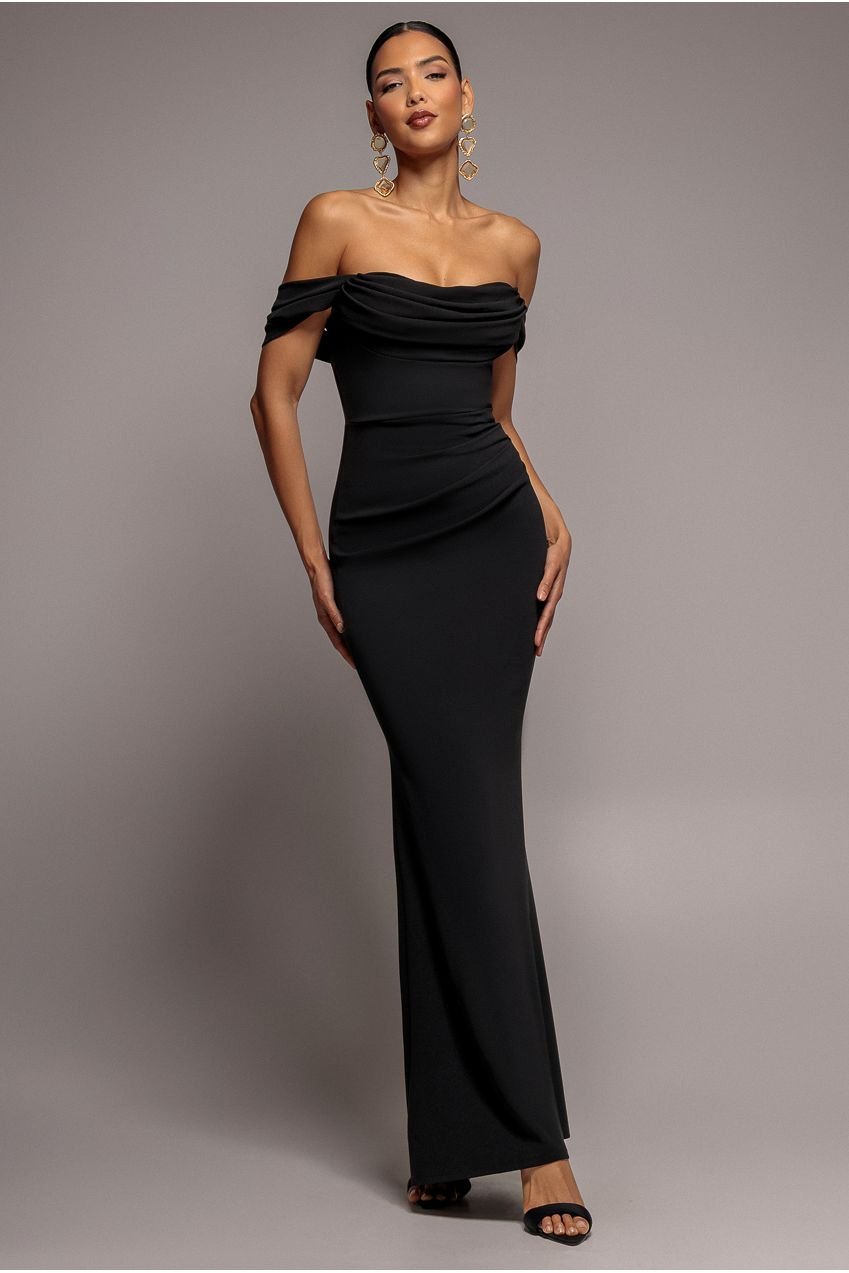 Goddiva Off The Shoulder Cowl Neck Maxi Dress – Black