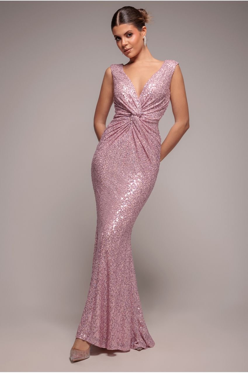 Goddiva Twisted Front Sequin Maxi Dress – Blush
