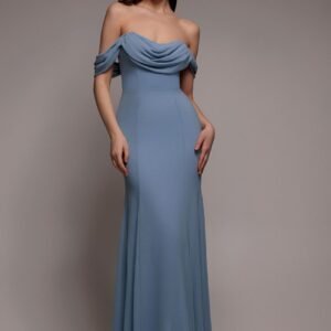 Goddiva Chiffon Bardot Cowl Neck Maxi Dress - Duskyblue