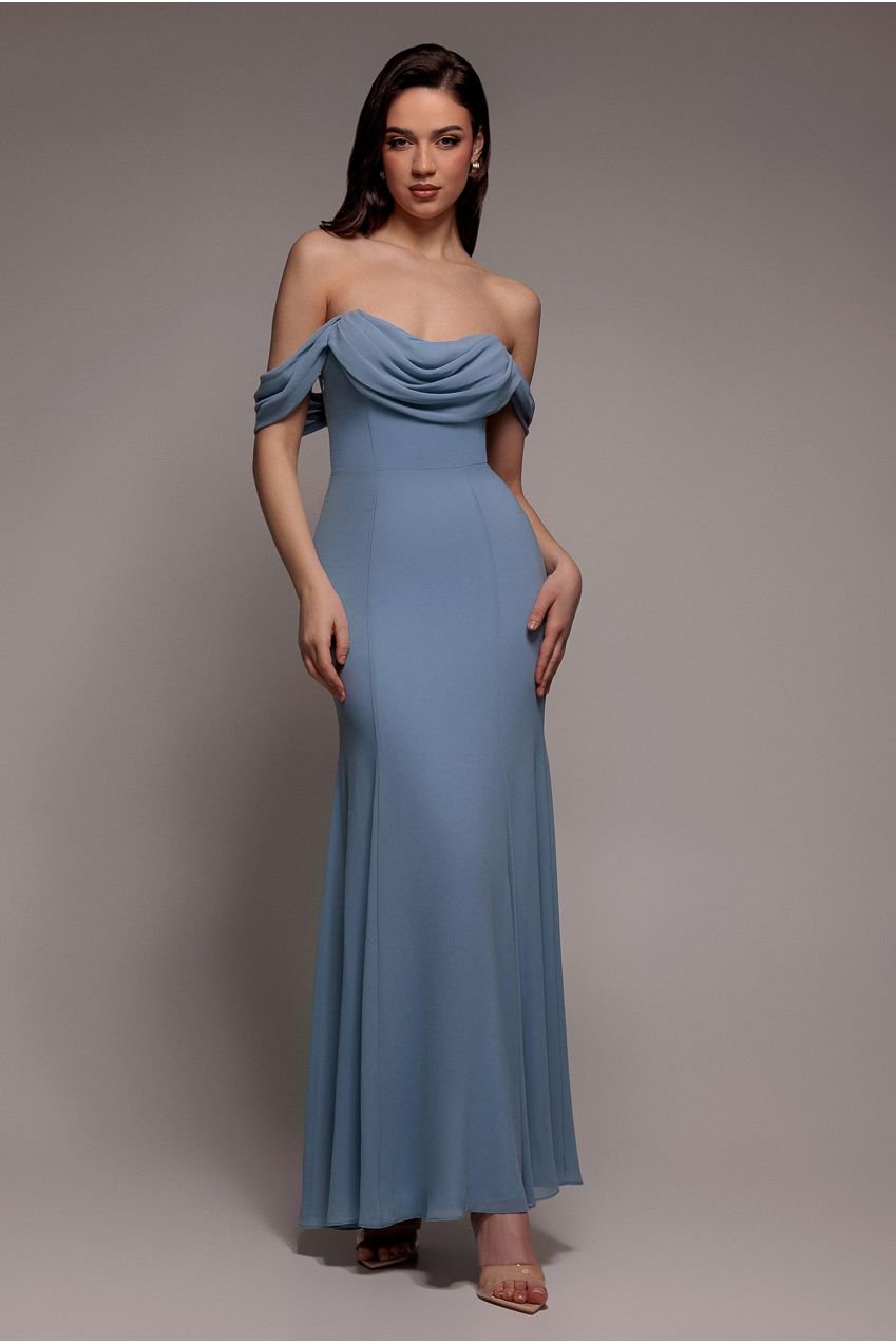 Goddiva Chiffon Bardot Cowl Neck Maxi Dress – Duskyblue