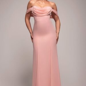 Goddiva Chiffon Bardot Cowl Neck Maxi Dress - Blush Pink