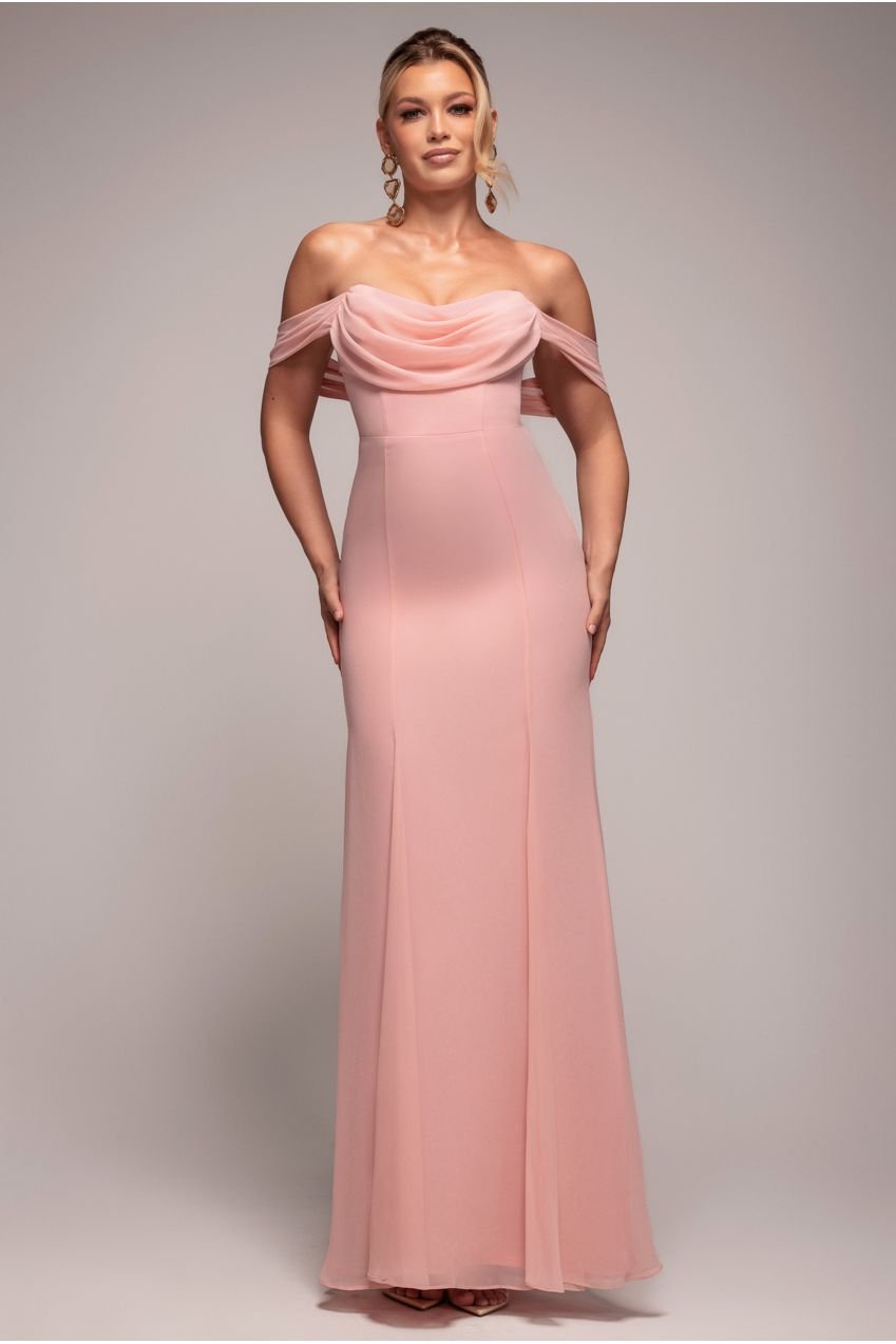 Goddiva Chiffon Bardot Cowl Neck Maxi Dress – Blush Pink