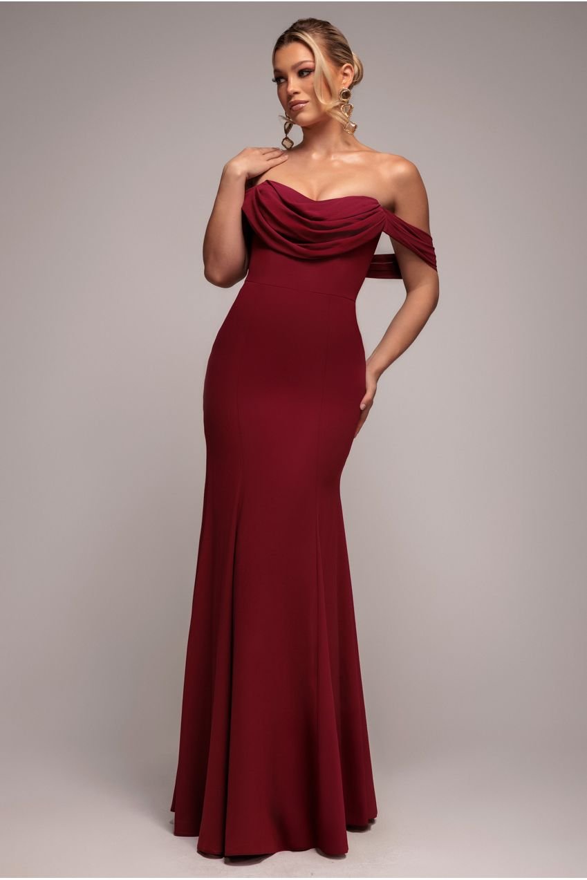 Goddiva Chiffon Bardot Cowl Neck Maxi Dress – Burgundy Red