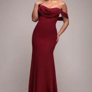Goddiva Chiffon Bardot Cowl Neck Maxi Dress - Burgundy Red