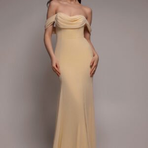 Goddiva Chiffon Bardot Cowl Neck Maxi Dress - Butter Yellow
