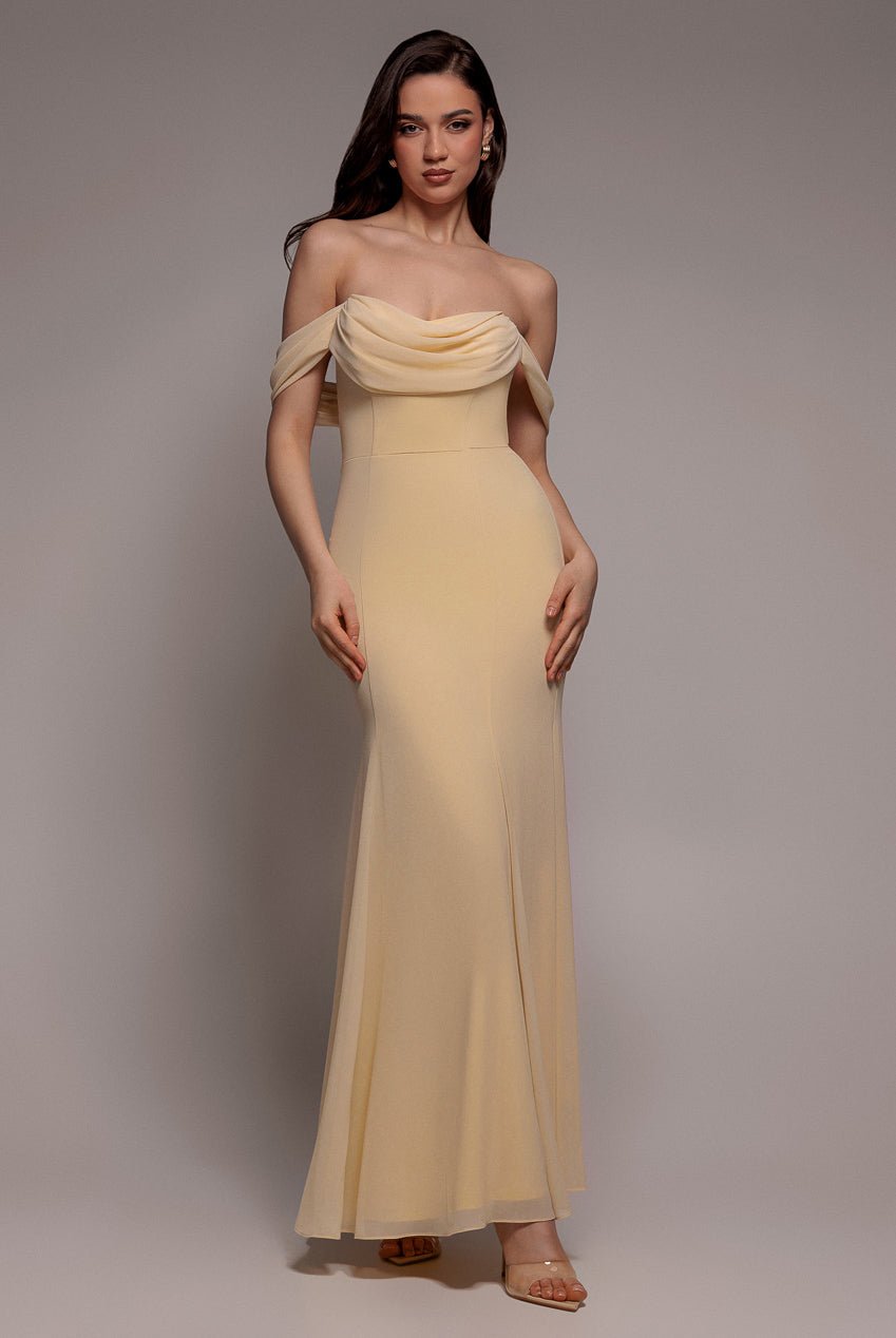 Goddiva Chiffon Bardot Cowl Neck Maxi Dress – Butter Yellow