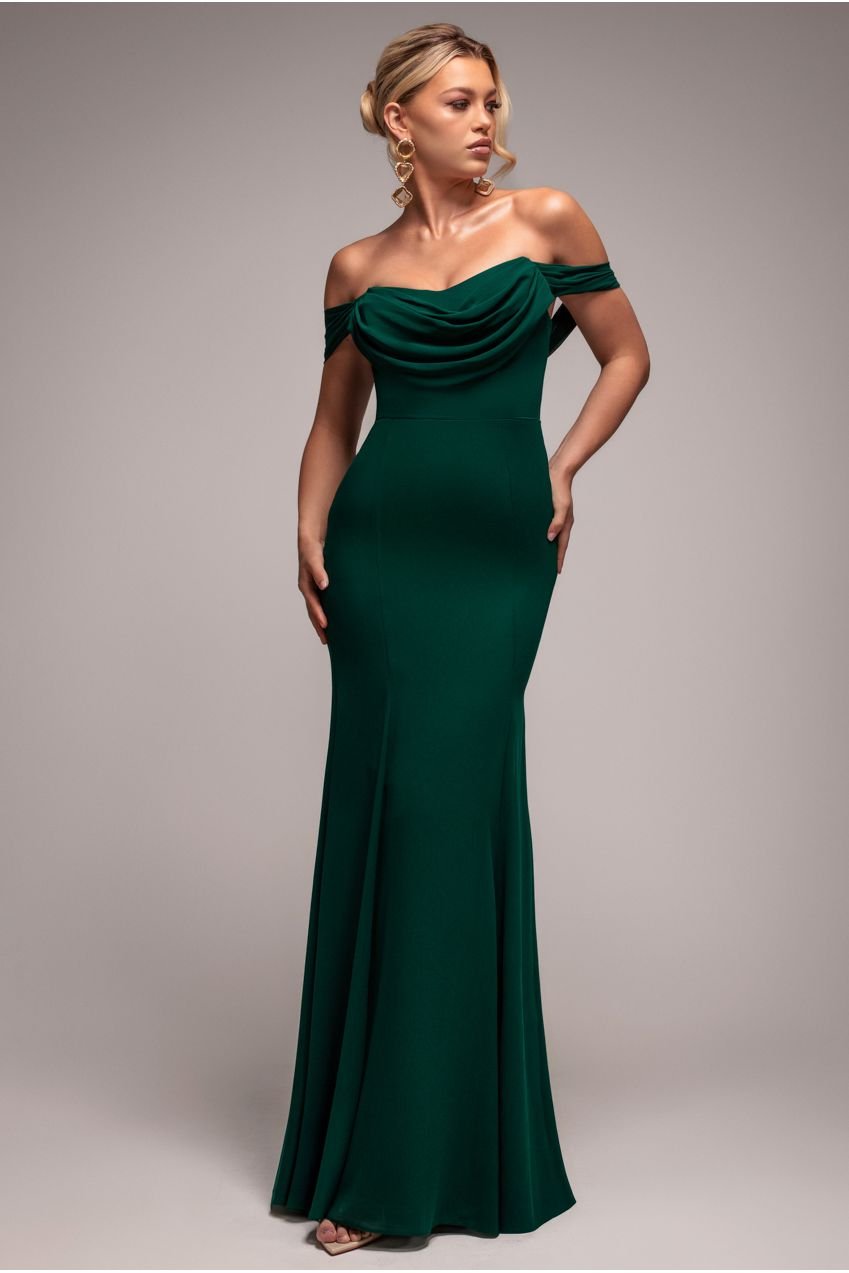 Goddiva Chiffon Bardot Cowl Neck Maxi Dress – Emerald Green