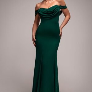 Goddiva Chiffon Bardot Cowl Neck Maxi Dress - Emerald Green