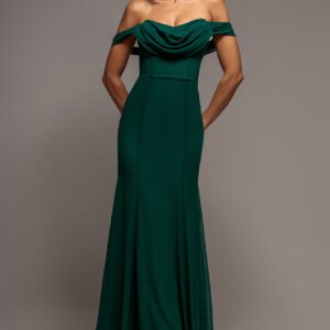 Goddiva Chiffon Bardot Cowl Neck Maxi Dress - Green