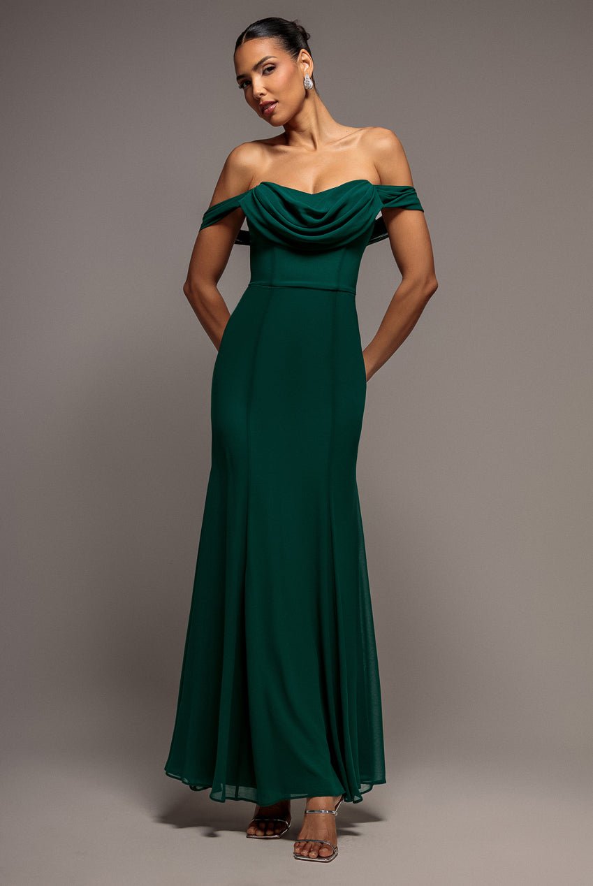 Goddiva Chiffon Bardot Cowl Neck Maxi Dress – Green