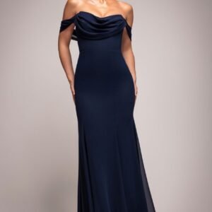 Goddiva Chiffon Bardot Cowl Neck Maxi Dress - Navy