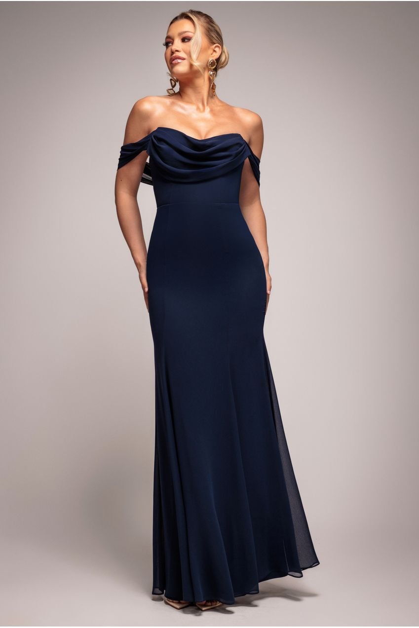 Goddiva Chiffon Bardot Cowl Neck Maxi Dress – Navy