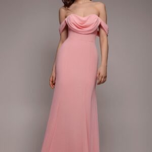 Goddiva Chiffon Bardot Cowl Neck Maxi Dress - Blush