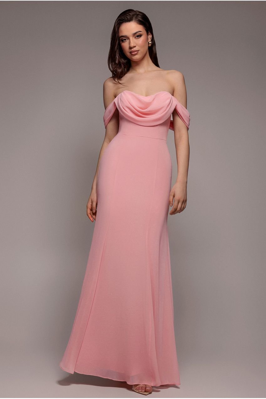 Goddiva Chiffon Bardot Cowl Neck Maxi Dress – Blush
