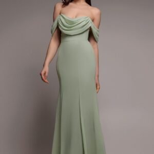 Goddiva Chiffon Bardot Cowl Neck Maxi Dress - Sage Green
