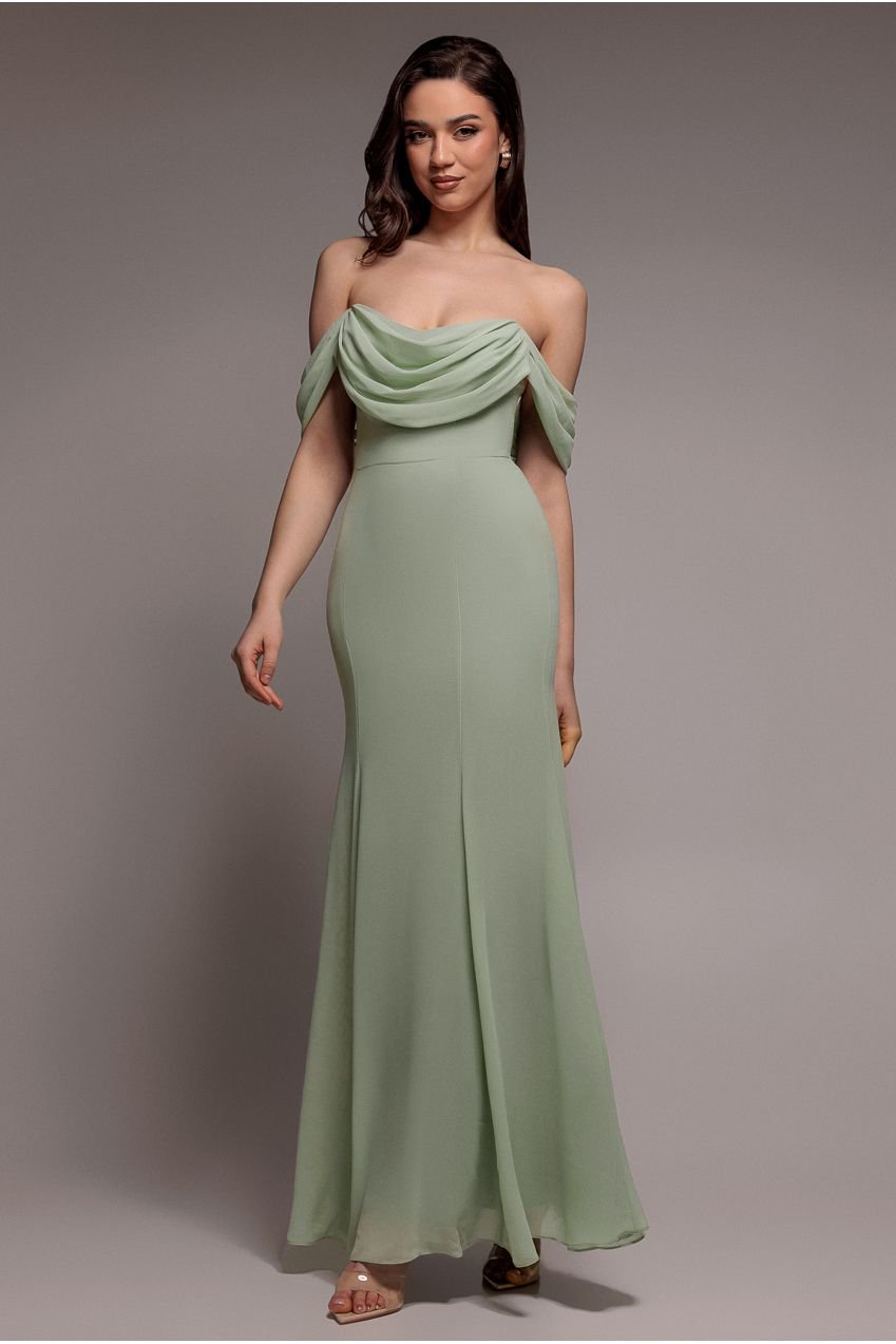 Goddiva Chiffon Bardot Cowl Neck Maxi Dress – Sage Green