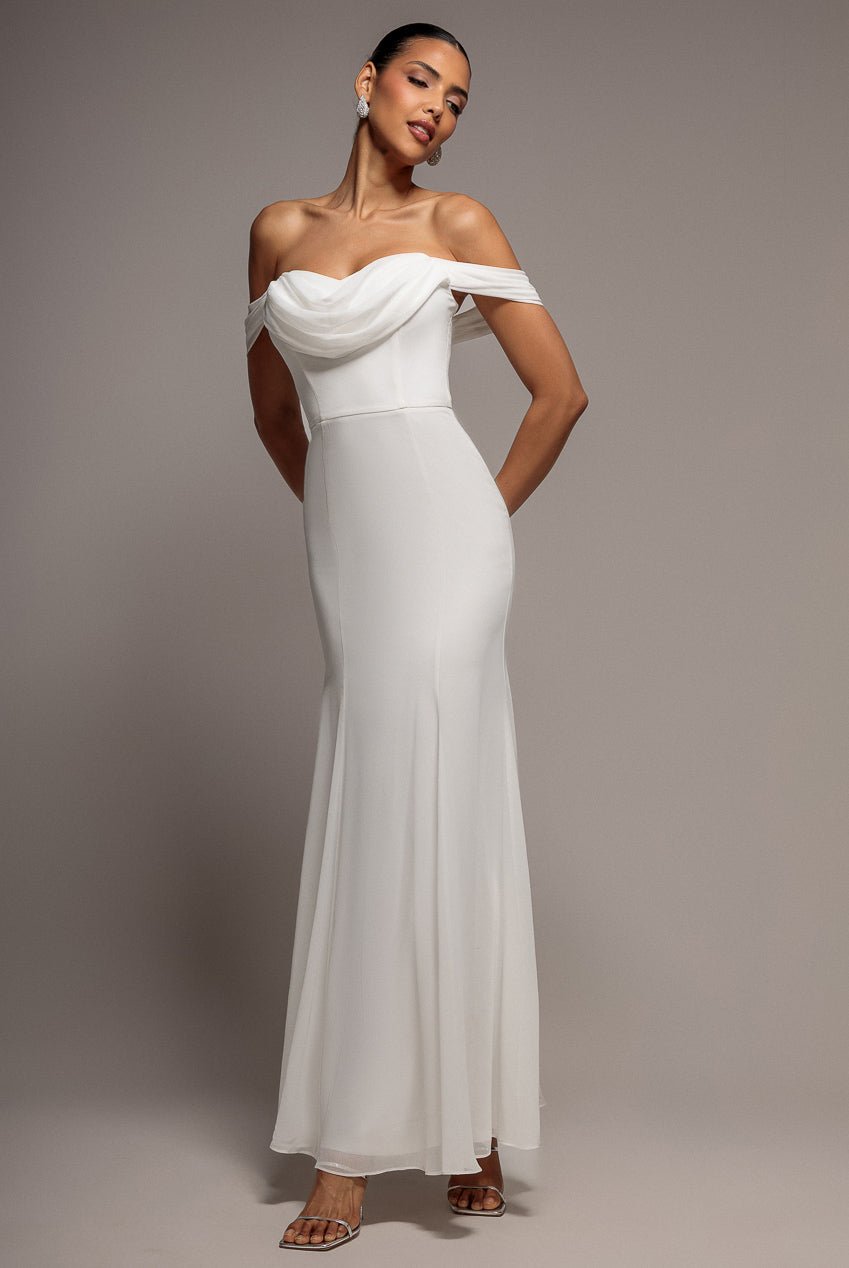 Goddiva Chiffon Bardot Cowl Neck Maxi Dress – White