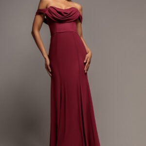 Goddiva Chiffon Bardot Cowl Neck Maxi Dress - Wine