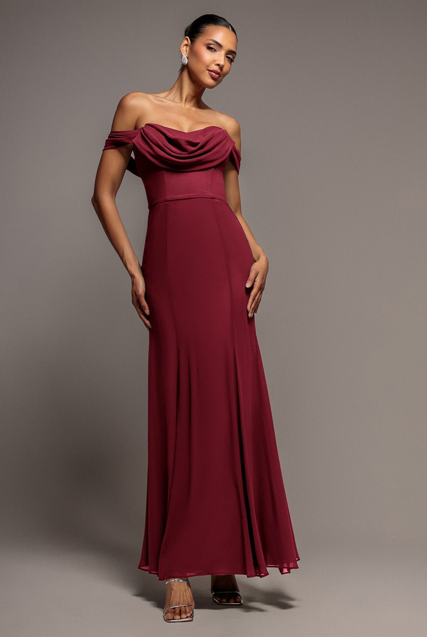 Goddiva Chiffon Bardot Cowl Neck Maxi Dress – Wine
