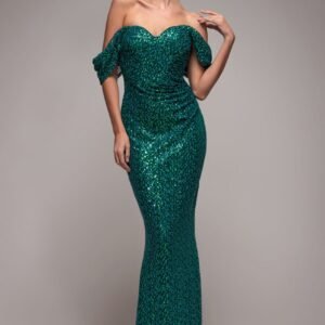 Goddiva Off The Shoulder Sequin Wing Maxi - Emerald Green