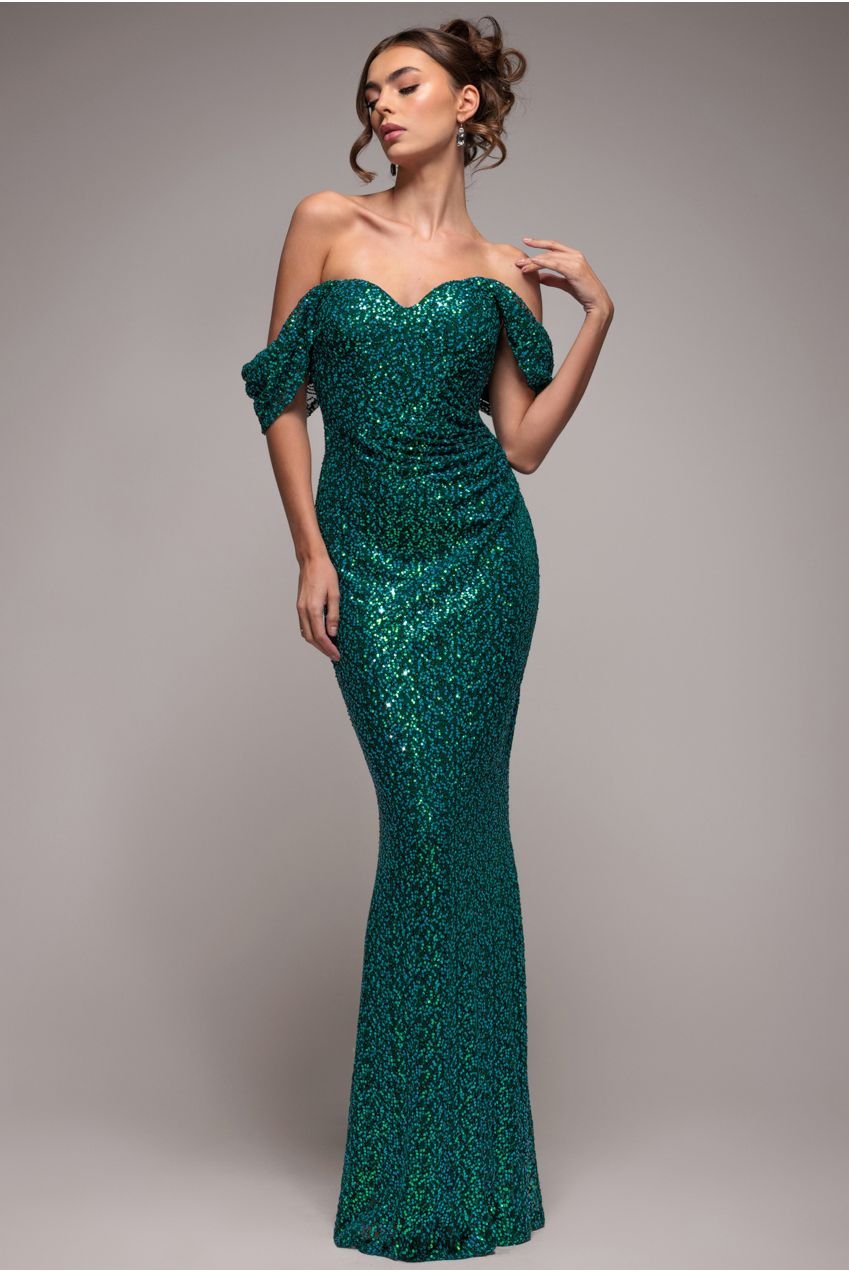 Goddiva Off The Shoulder Sequin Wing Maxi – Emerald Green