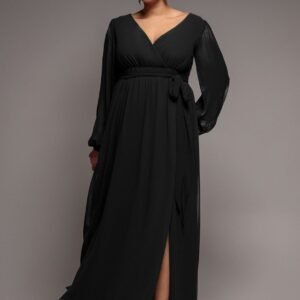 Goddiva Plus Wrap Back With Front Slit Chiffon Maxi Dress - Black