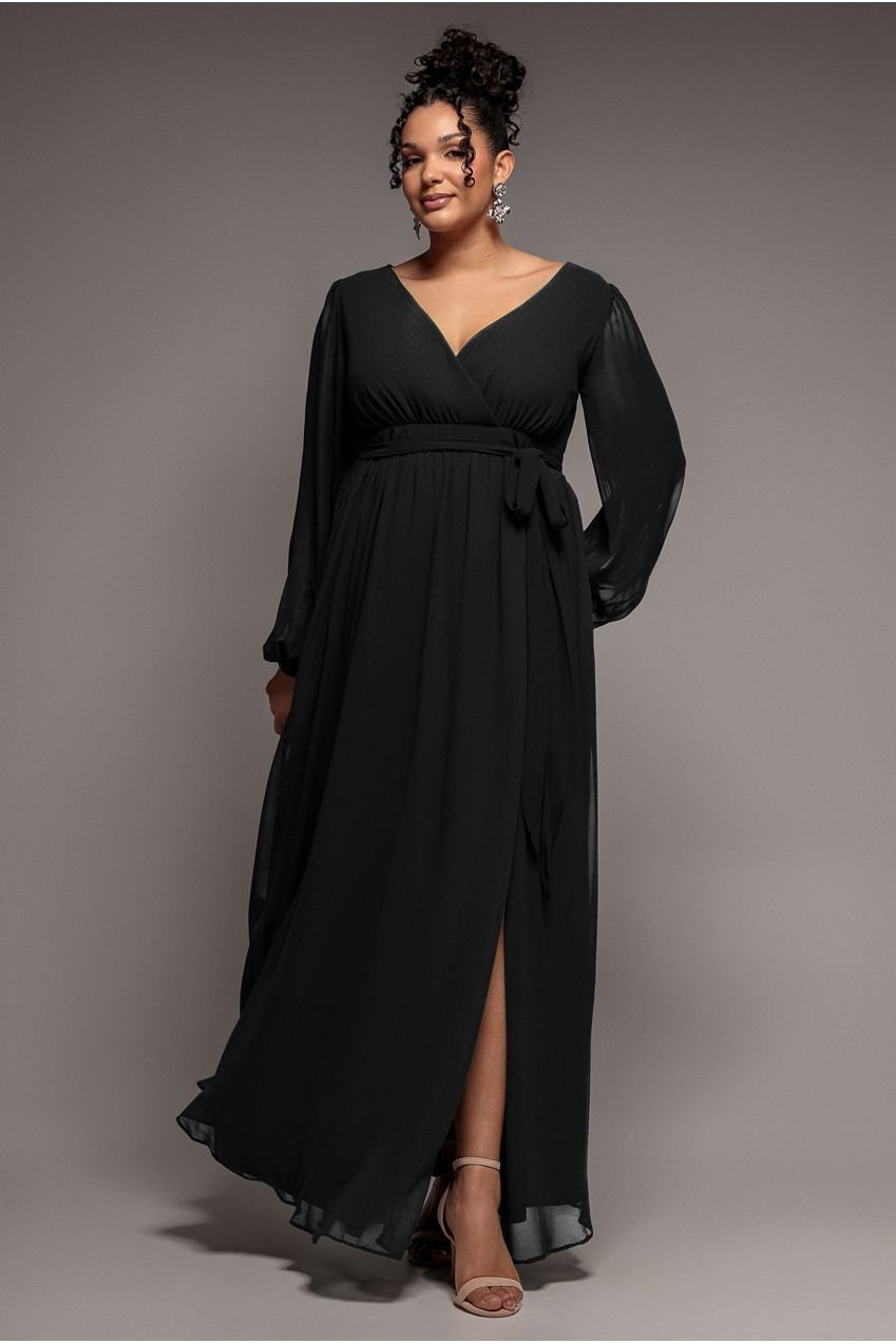 Goddiva Plus Wrap Back With Front Slit Chiffon Maxi Dress – Black