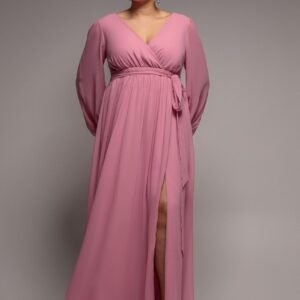 Goddiva Plus Wrap Back With Front Slit Chiffon Maxi Dress - Dusty Pink