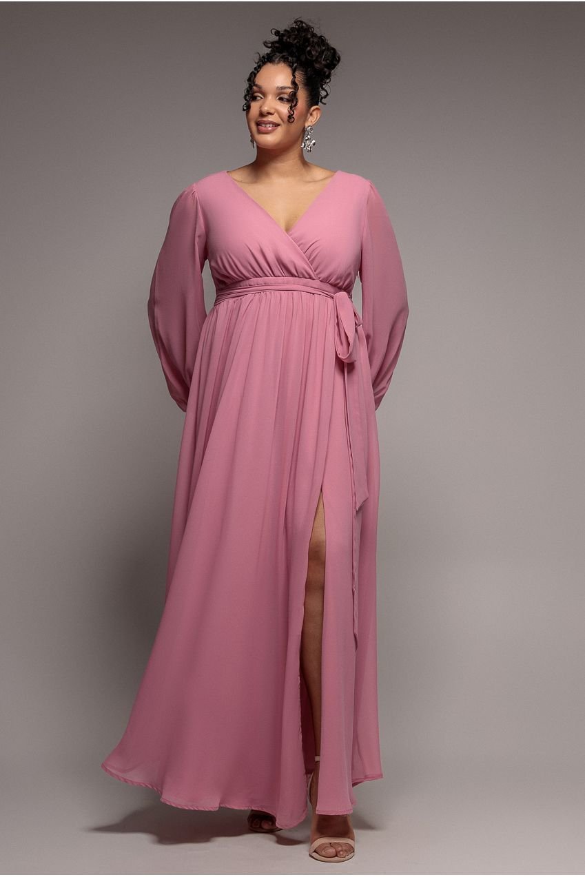 Goddiva Plus Wrap Back With Front Slit Chiffon Maxi Dress – Dusty Pink