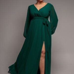 Goddiva Plus Wrap Back With Front Slit Chiffon Maxi Dress - Emerald Green
