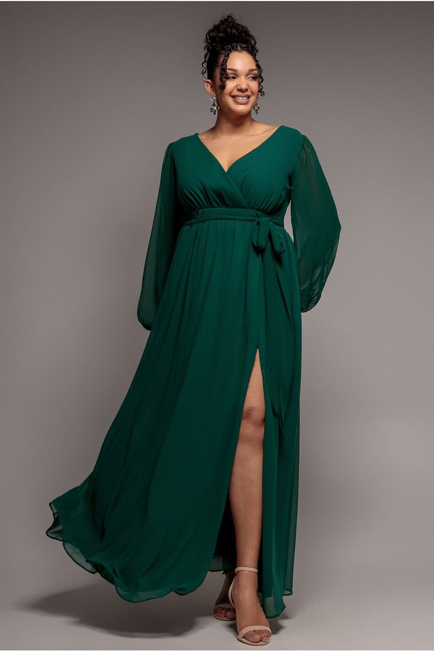 Goddiva Plus Wrap Back With Front Slit Chiffon Maxi Dress – Emerald Green