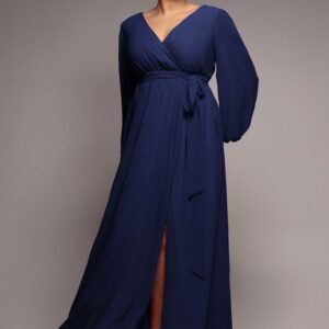 Goddiva Plus Wrap Back With Front Slit Chiffon Maxi Dress - Navy Blue