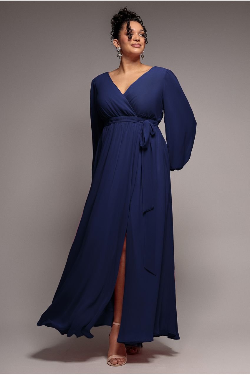 Goddiva Plus Wrap Back With Front Slit Chiffon Maxi Dress – Navy Blue