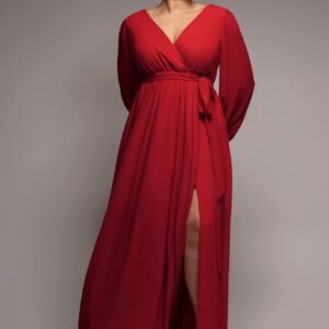 Goddiva Plus Wrap Back With Front Slit Chiffon Maxi Dress - Red